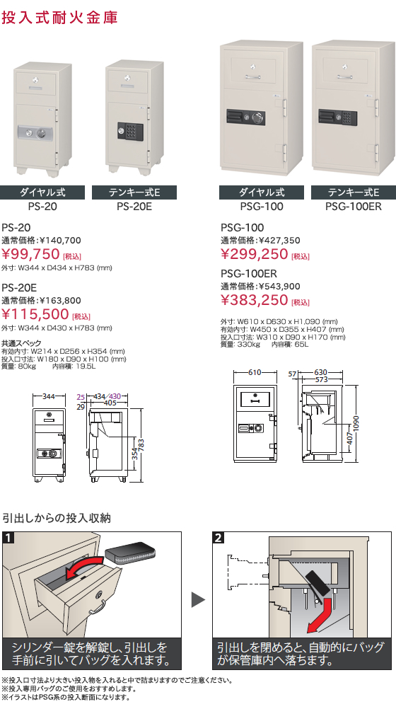 投入式耐火金庫(PS-20, PS-20E, PSG-100, PSG-100ER)